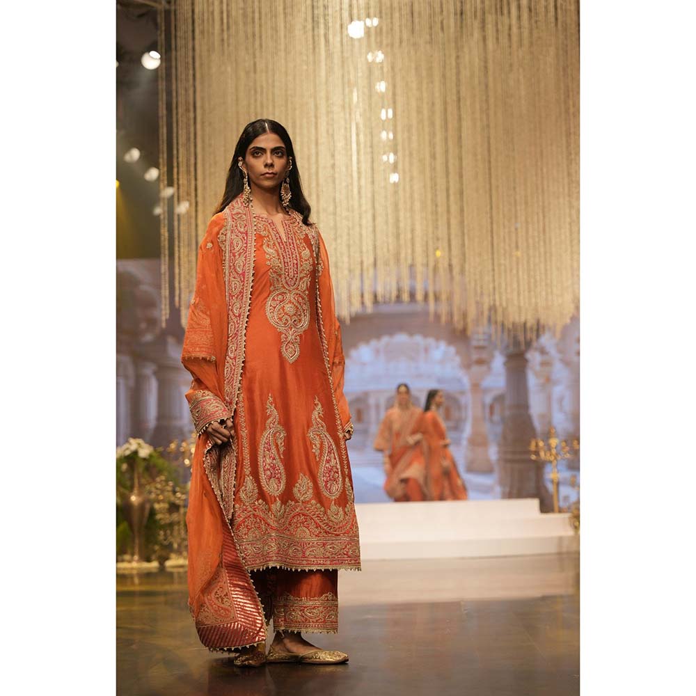 Sheetal Batra Misaim Burnt Orange Long ALine Kurta with Palazzo and Dupatta (Set of 3)