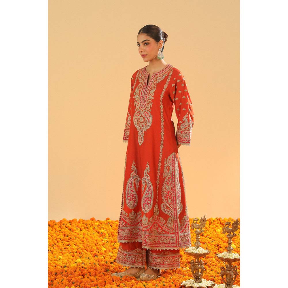 Sheetal Batra Misaim Burnt Orange Long ALine Kurta with Palazzo and Dupatta (Set of 3)