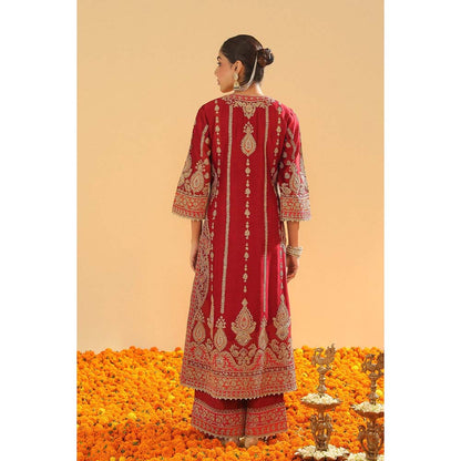 Sheetal Batra Rua Deep Red Long ALine Kurta with Palazzo and Dupatta (Set of 3)