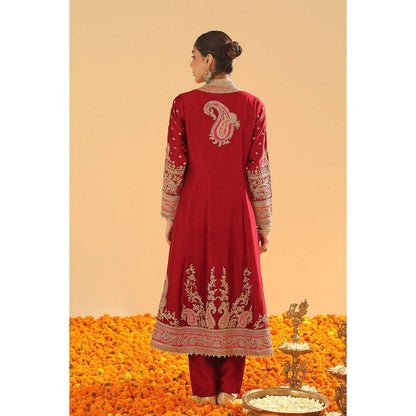 Sheetal Batra Minara Deep Red Long ALine Jacket with Pant and Dupatta (Set of 3)