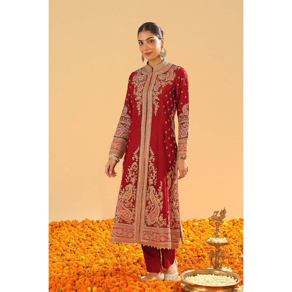 Sheetal Batra Minara Deep Red Long ALine Jacket with Pant and Dupatta (Set of 3)