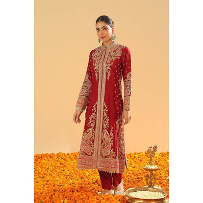 Sheetal Batra Minara Deep Red Long ALine Jacket with Pant and Dupatta (Set of 3)