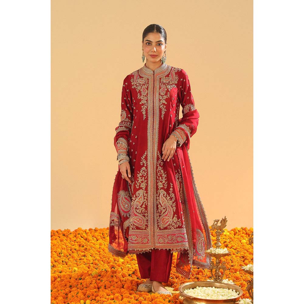 Sheetal Batra Minara Deep Red Long ALine Jacket with Pant and Dupatta (Set of 3)