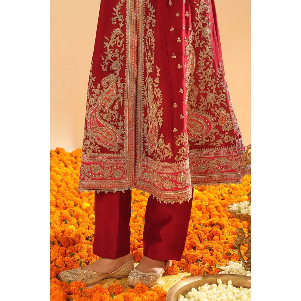 Sheetal Batra Minara Deep Red Long ALine Jacket with Pant and Dupatta (Set of 3)