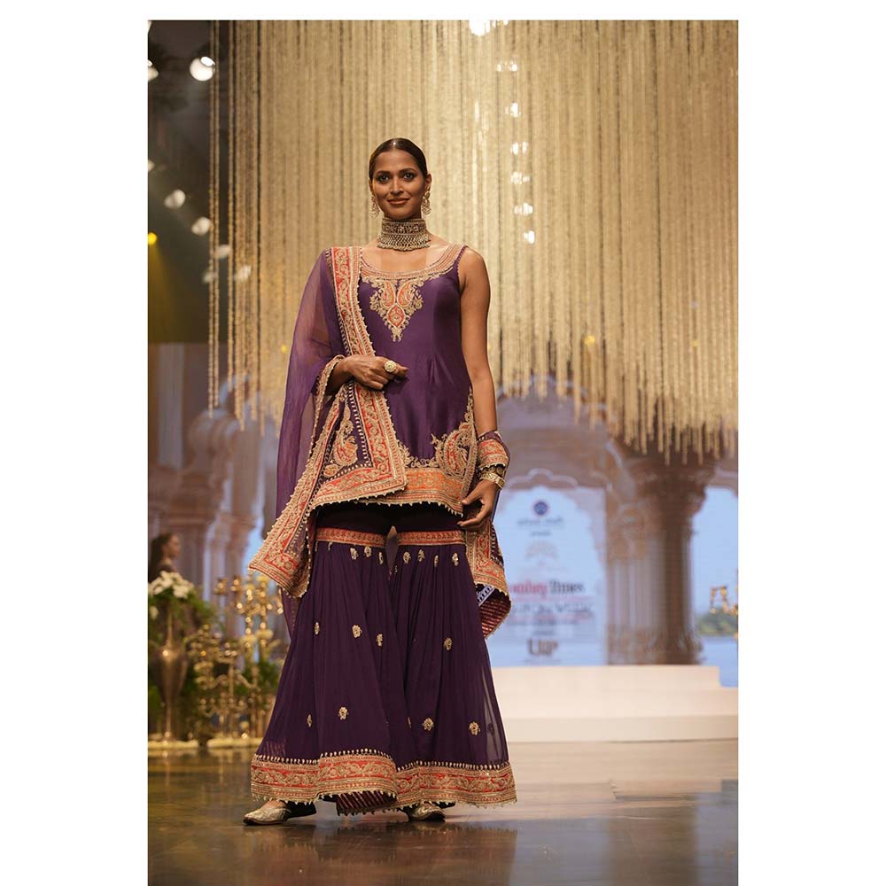 Sheetal Batra Maziyah Deep Purple Short Kurti with Sharara and Dupatta (Set of 3)