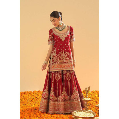 Sheetal Batra Sehrish Deep Red Short Kurti with Sharara and Dupatta (Set of 3)