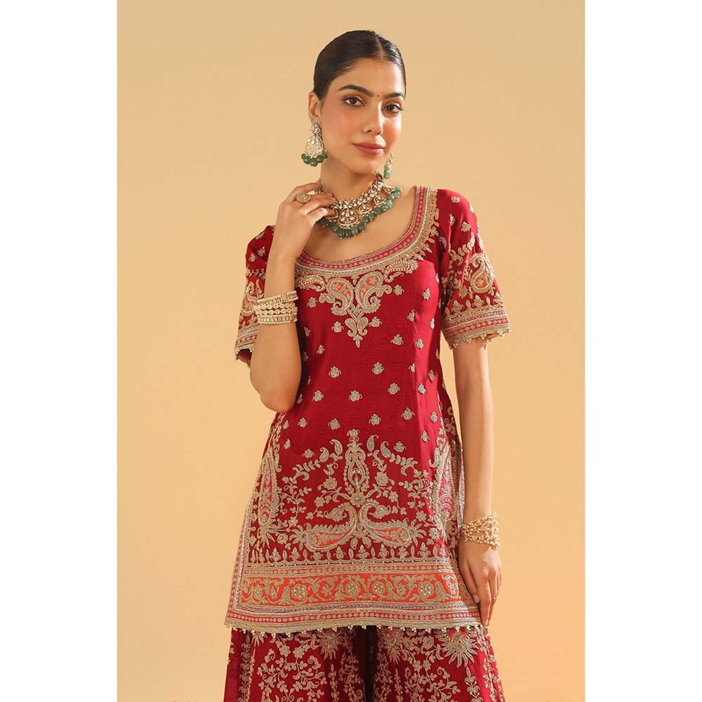 Sheetal Batra Sehrish Deep Red Short Kurti with Sharara and Dupatta (Set of 3)