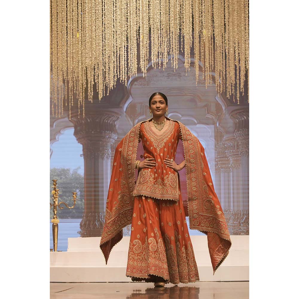 Sheetal Batra Shazfa Rust Short Kurti with Sharara and Dupatta (Set of 3)