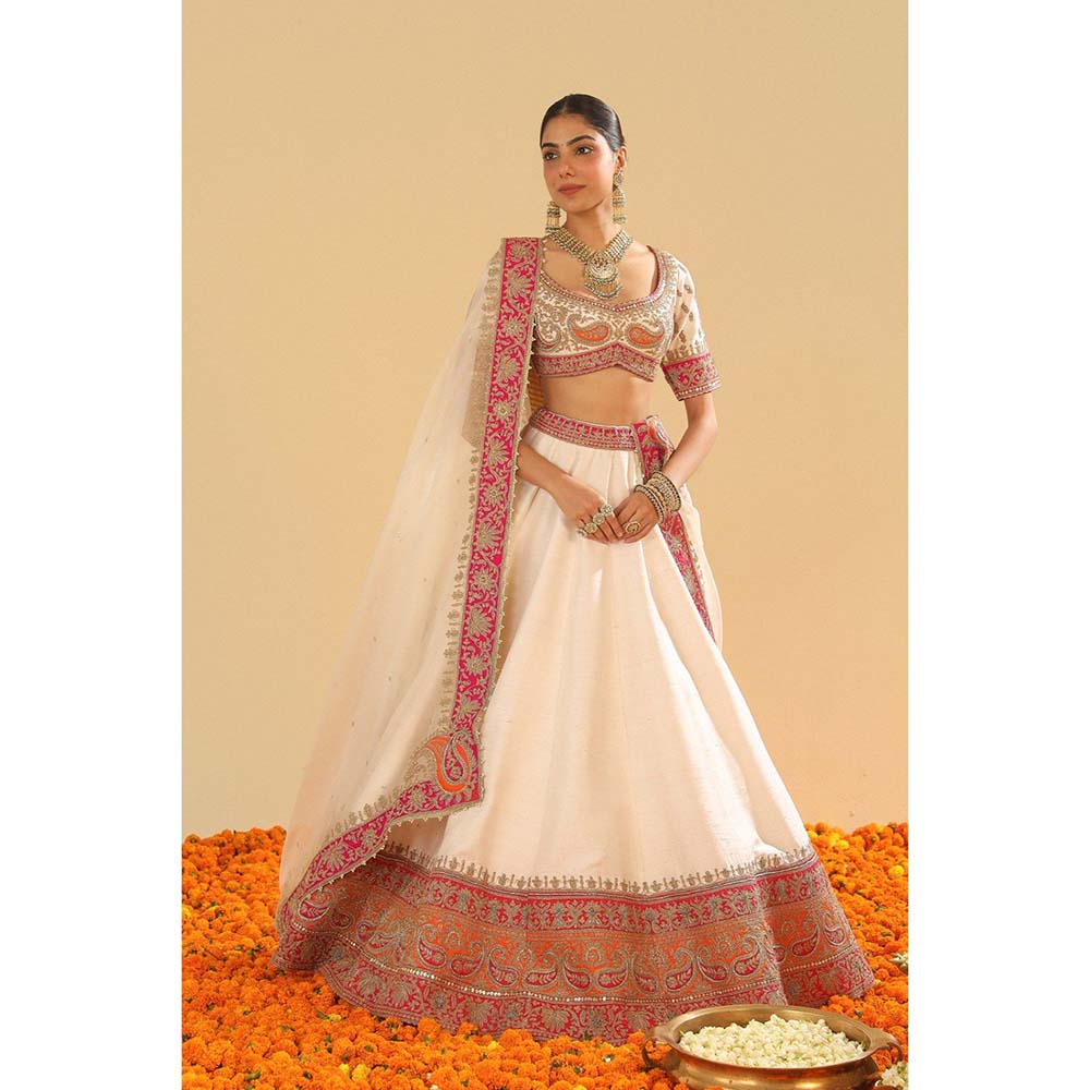 Sheetal Batra Sidra Daisy Ivory Blouse with Lehenga and Dupatta (Set of 3)