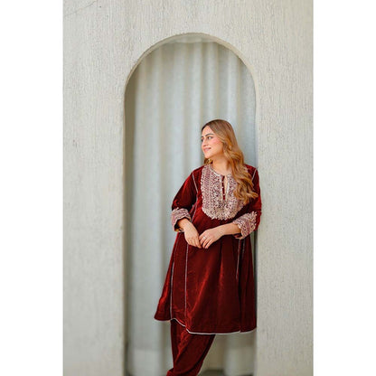 Sheetal Batra Maroon Nisreen Short Kalidaar Kurta with Salwar (Set of 2)