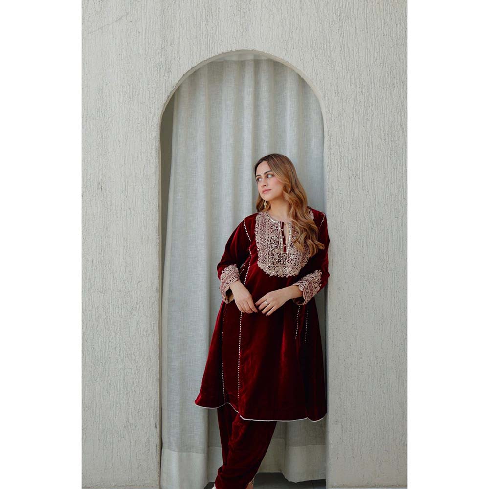 Sheetal Batra Maroon Nisreen Short Kalidaar Kurta with Salwar (Set of 2)