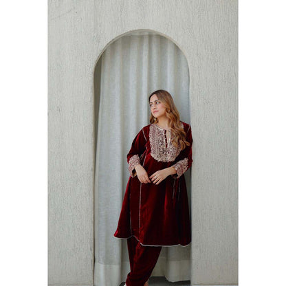 Sheetal Batra Maroon Nisreen Short Kalidaar Kurta with Salwar (Set of 2)
