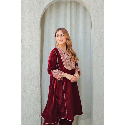Sheetal Batra Maroon Nisreen Short Kalidaar Kurta with Salwar (Set of 2)