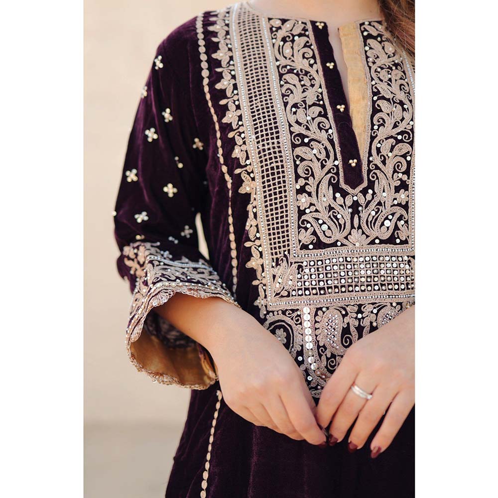 Sheetal Batra Wine Marya Long ALine Kurta with Salwar (Set of 2)