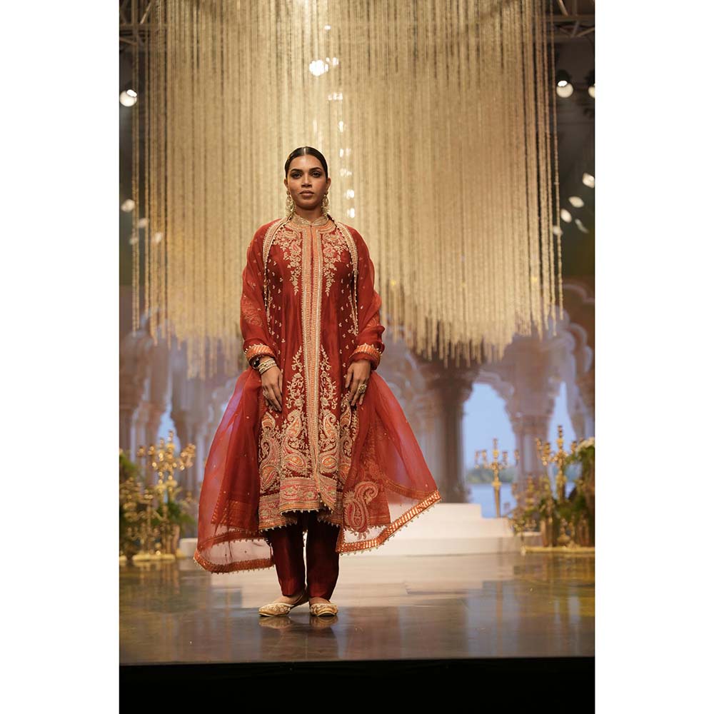 Sheetal Batra Maroon Long A-Line Jacket with Pant and Dupatta (Set of 3)