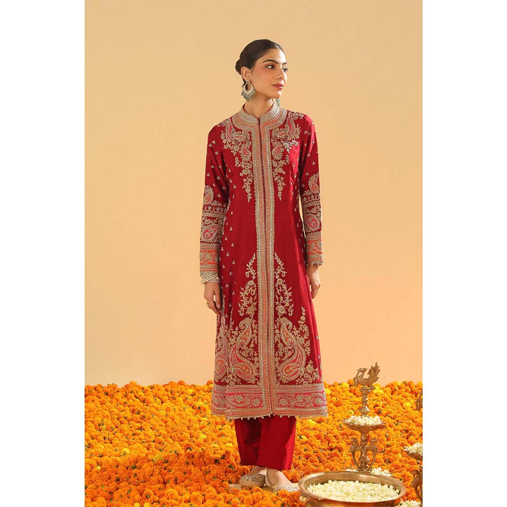 Sheetal Batra Maroon Long A-Line Jacket with Pant and Dupatta (Set of 3)