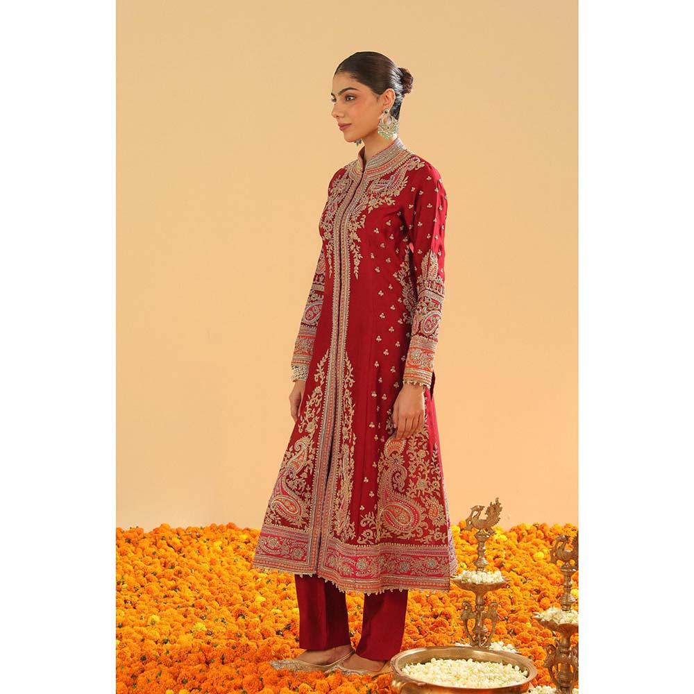 Sheetal Batra Maroon Long A-Line Jacket with Pant and Dupatta (Set of 3)