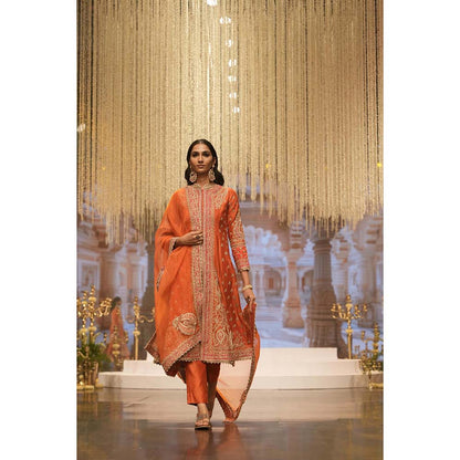 Sheetal Batra Orange Long A-Line Jacket with Pant and Dupatta (Set of 3)