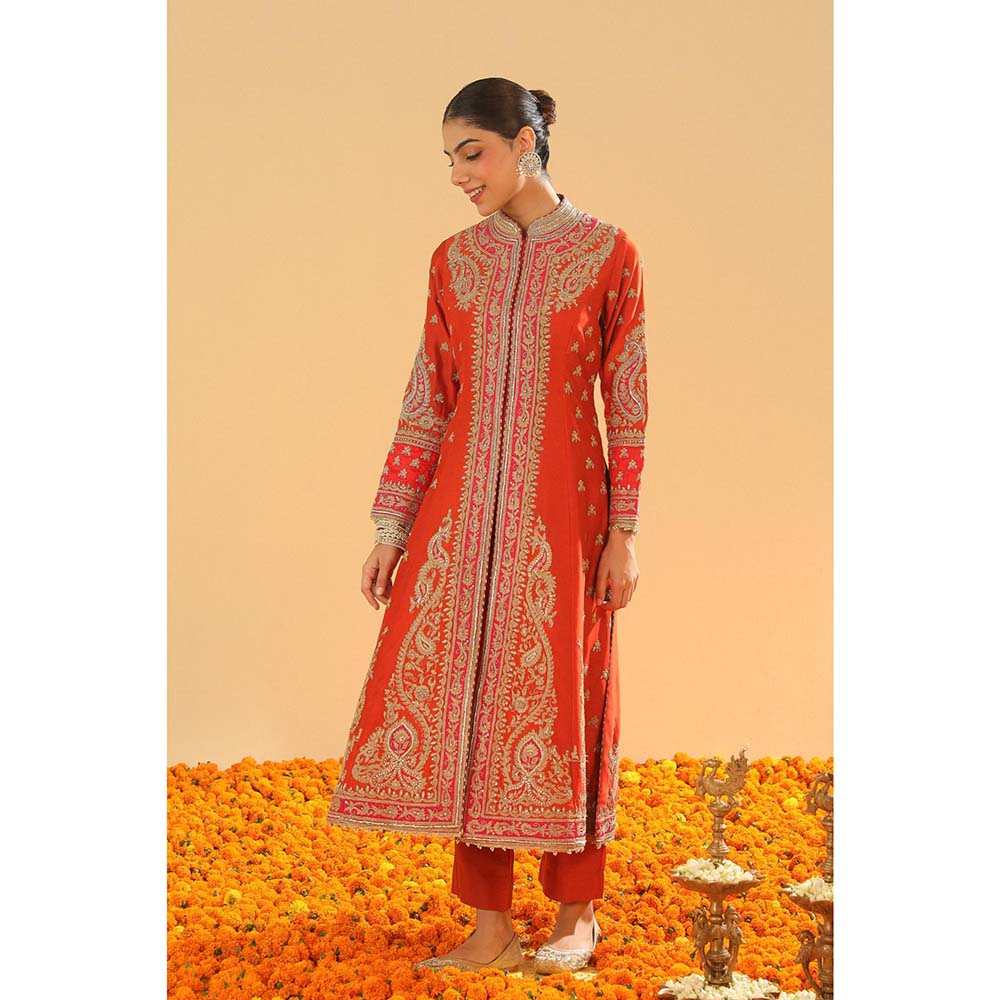 Sheetal Batra Orange Long A-Line Jacket with Pant and Dupatta (Set of 3)