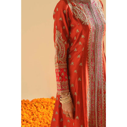 Sheetal Batra Orange Long A-Line Jacket with Pant and Dupatta (Set of 3)