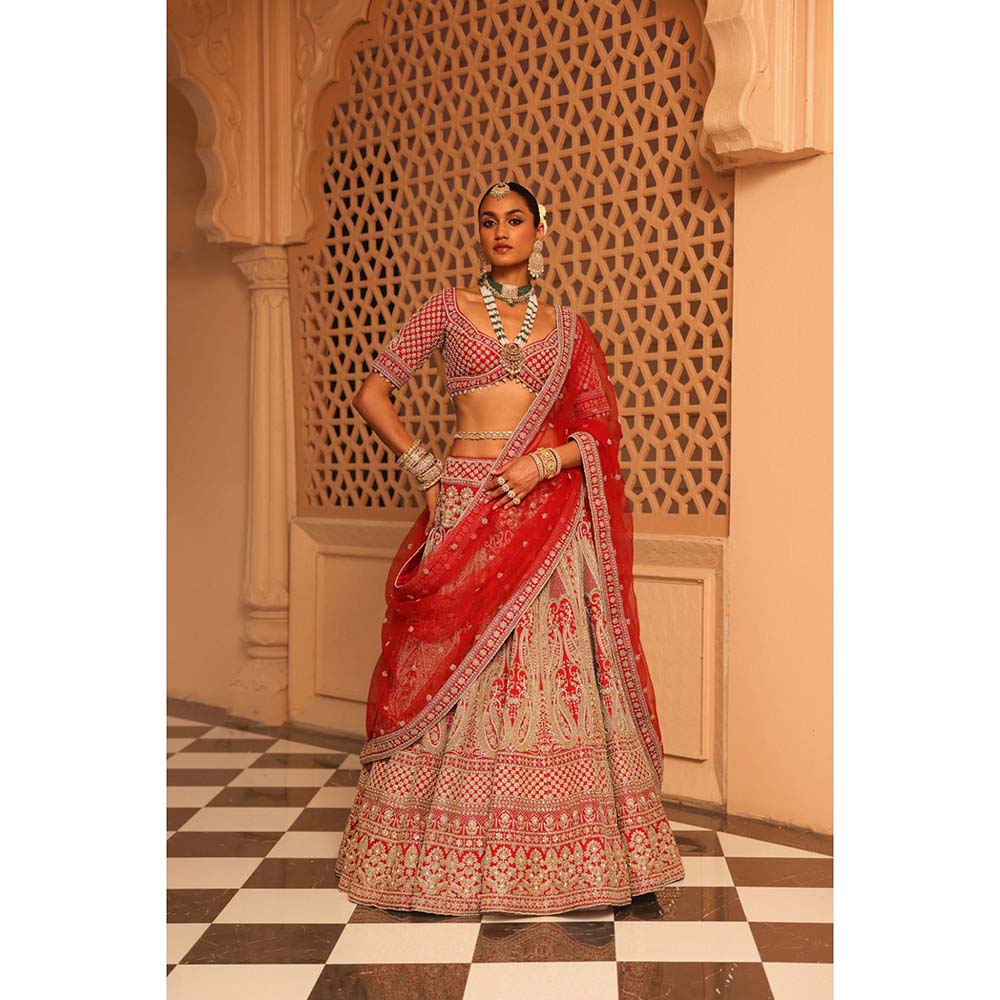 Sheetal Batra Nazreen Red Lehenga with Blouse and Dupatta (Set of 3)