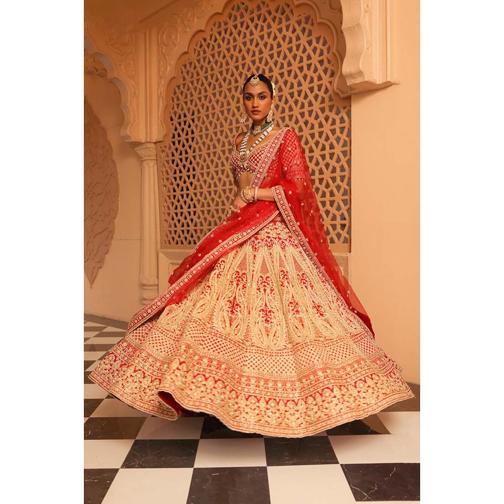 Sheetal Batra Nazreen Red Lehenga with Blouse and Dupatta (Set of 3)
