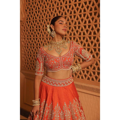 Sheetal Batra Faizah Orange Lehenga with Blouse and Dupatta (Set of 3)