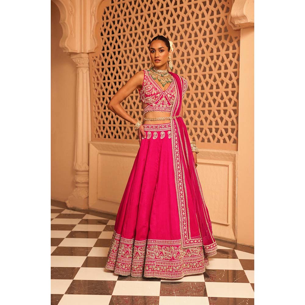 Sheetal Batra Ilma Hot Pink Lehenga with Blouse, Dupatta and Attached Belt (Set of 3)