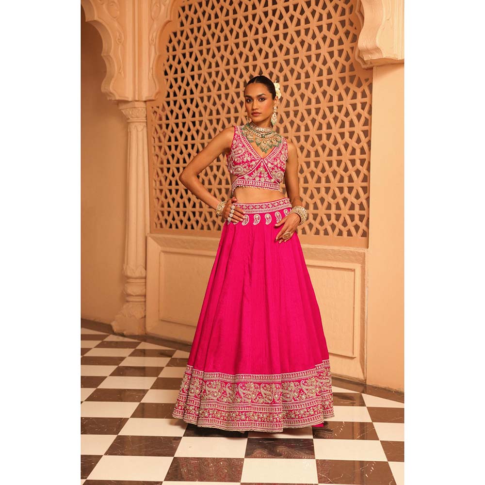 Sheetal Batra Ilma Hot Pink Lehenga with Blouse, Dupatta and Attached Belt (Set of 3)