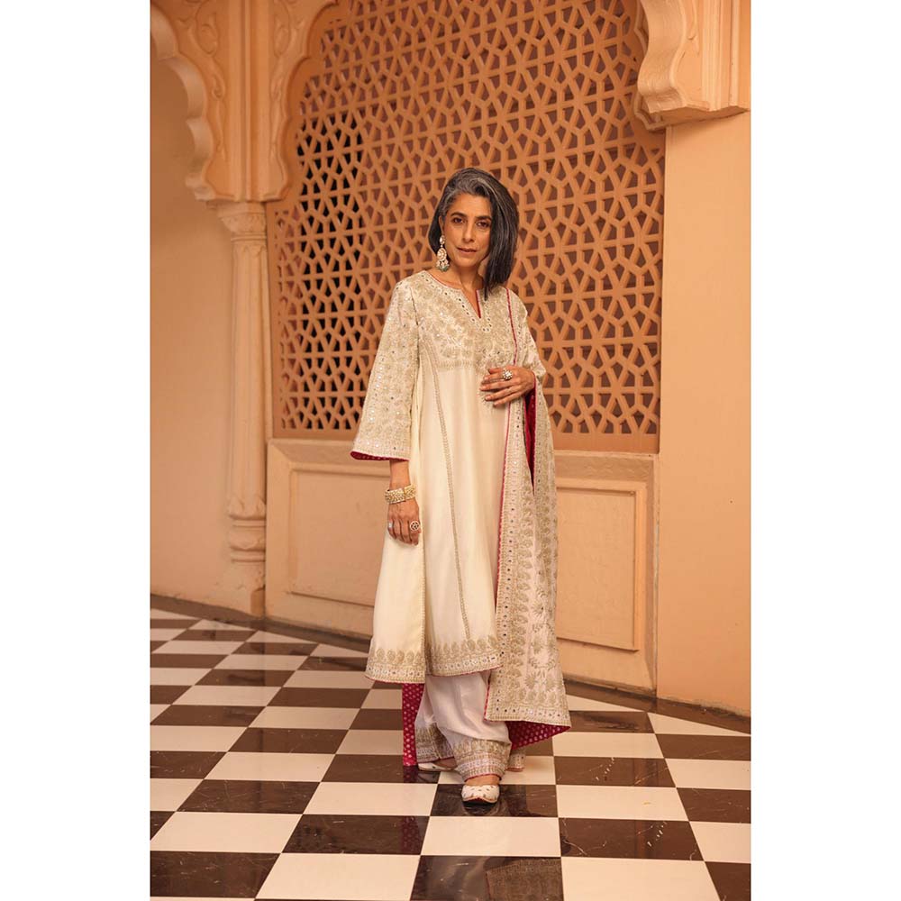 Sheetal Batra Amani Daisy Ivory A-Line Kurta with Salwar and Dupatta (Set of 3)