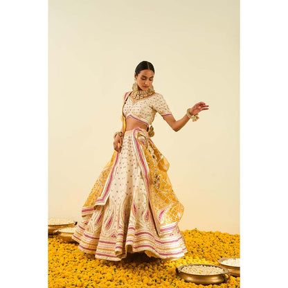 Sheetal Batra Cream Lehenga with Blouse and Dupatta (Set of 3)