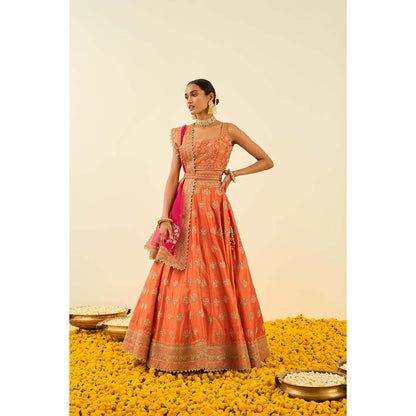 Sheetal Batra Orange Lehenga with Blouse, Dupatta and Belt (Set of 3)