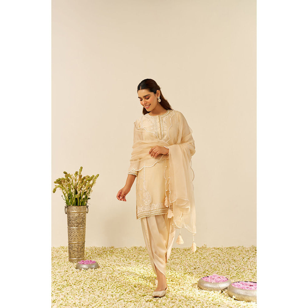 Sheetal Batra Beige Zahra Short Kurta with Dhoti and Dupatta (Set of 3)