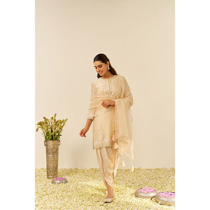 Sheetal Batra Beige Zahra Short Kurta with Dhoti and Dupatta (Set of 3)
