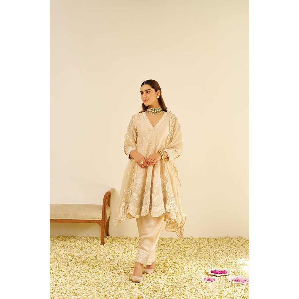 Sheetal Batra Beige Meeram Short Kurta with Salwar and Dupatta (Set of 3)