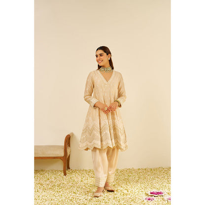Sheetal Batra Beige Meeram Short Kurta with Salwar and Dupatta (Set of 3)