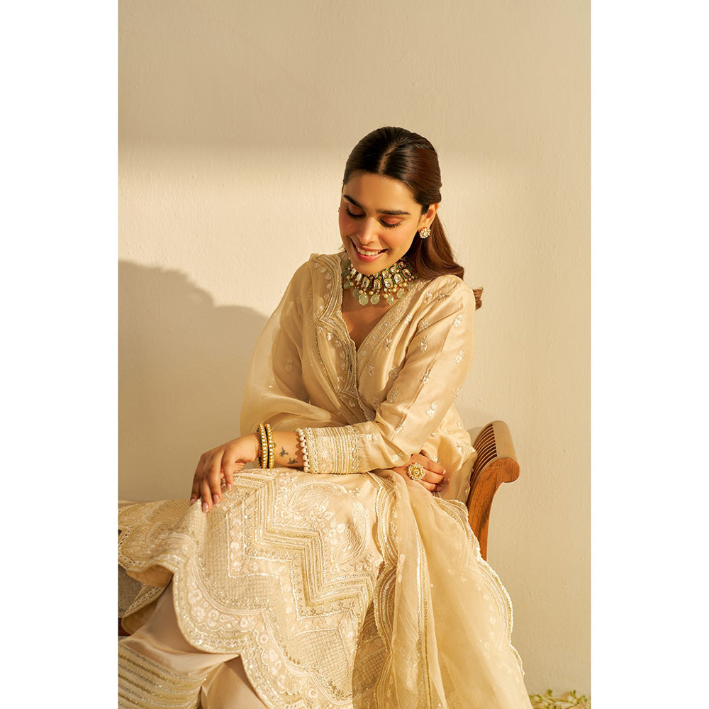 Sheetal Batra Beige Meeram Short Kurta with Salwar and Dupatta (Set of 3)