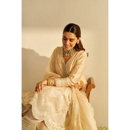 Sheetal Batra Beige Meeram Short Kurta with Salwar and Dupatta (Set of 3)