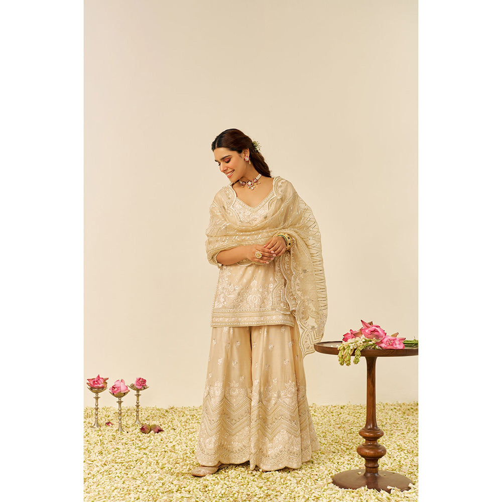 Sheetal Batra Beige Sameeha Short Kurta with Sharara and Dupatta (Set of 3)