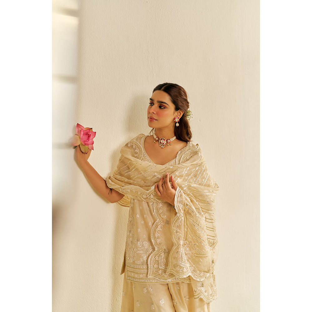 Sheetal Batra Beige Sameeha Short Kurta with Sharara and Dupatta (Set of 3)