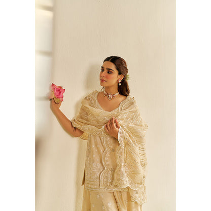 Sheetal Batra Beige Sameeha Short Kurta with Sharara and Dupatta (Set of 3)