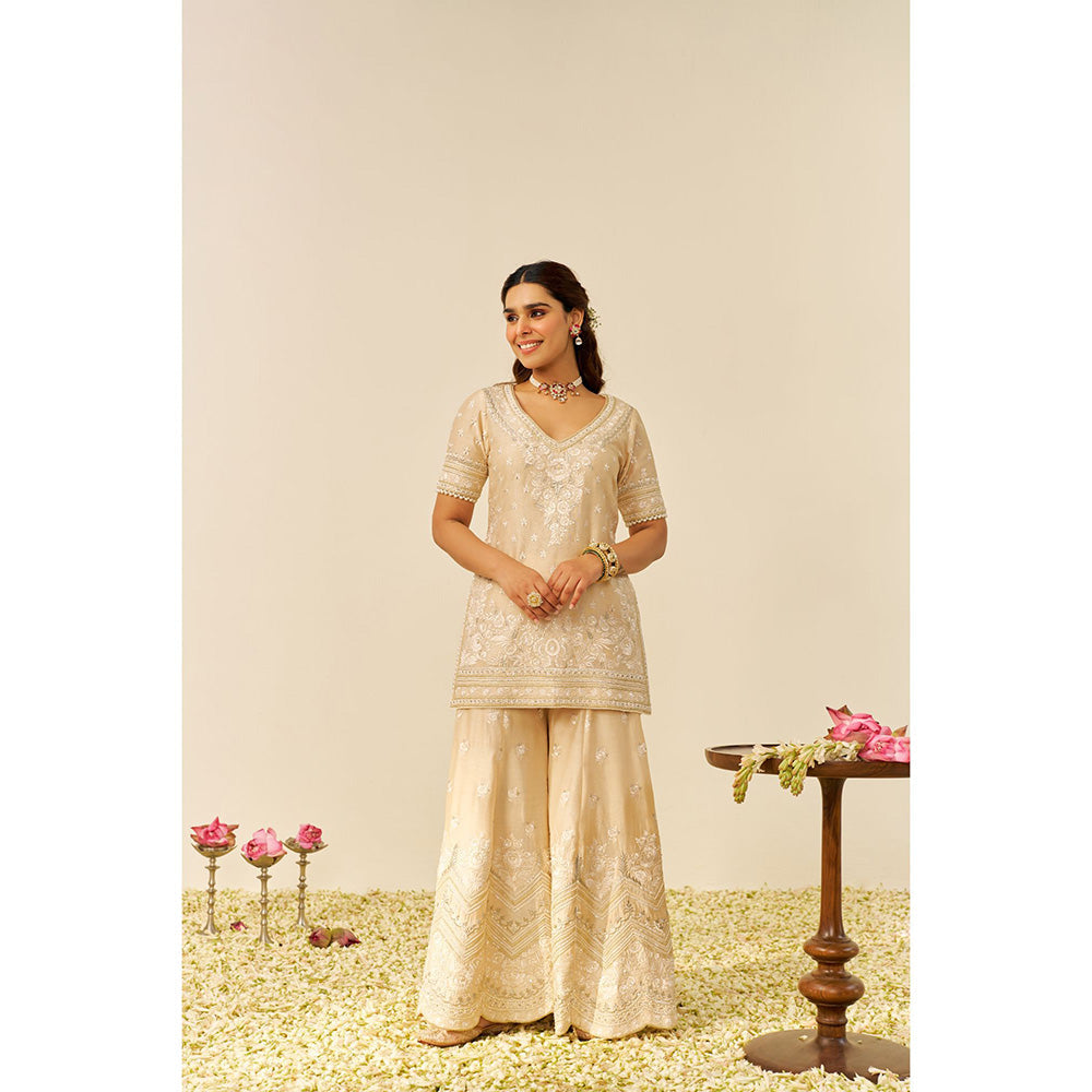 Sheetal Batra Beige Sameeha Short Kurta with Sharara and Dupatta (Set of 3)