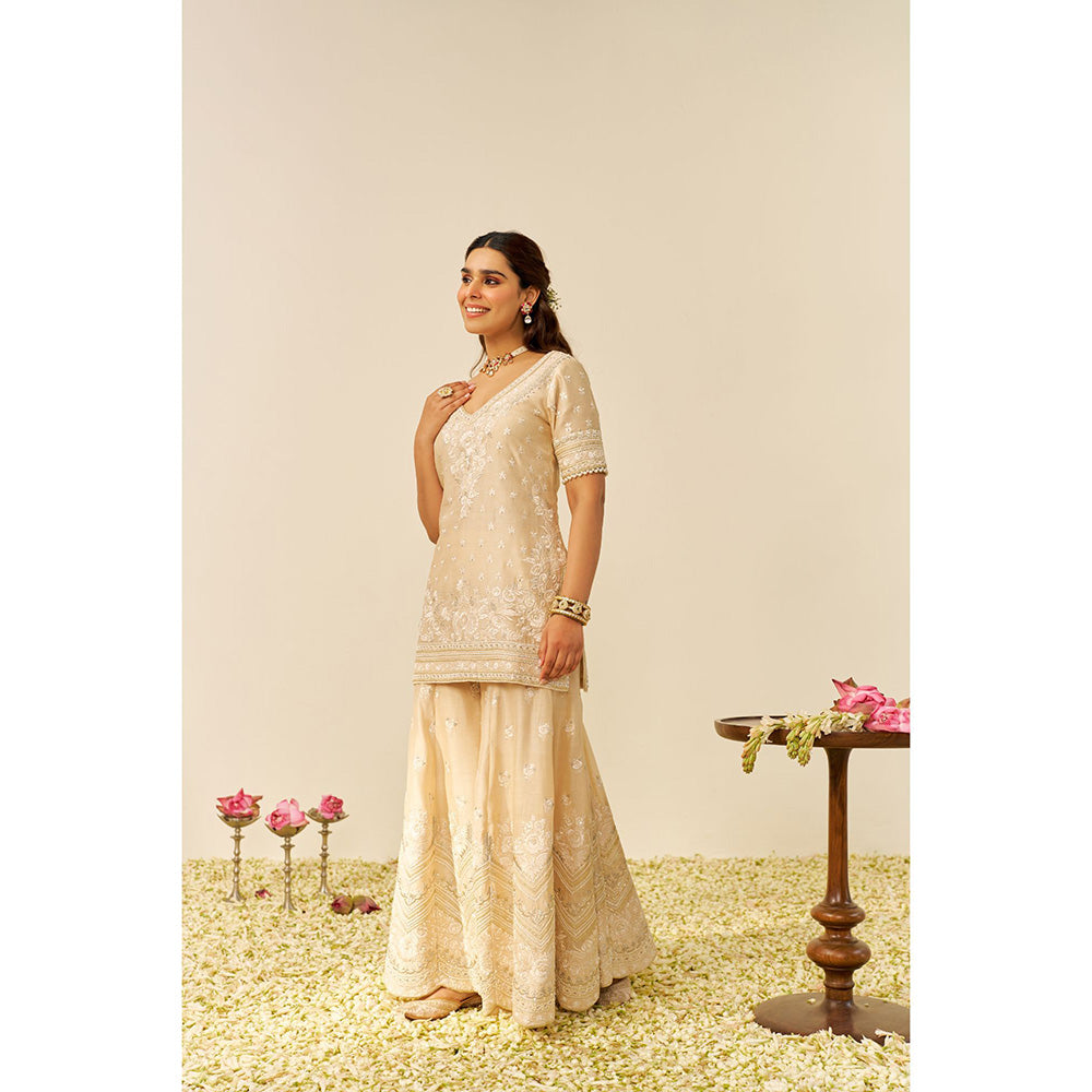 Sheetal Batra Beige Sameeha Short Kurta with Sharara and Dupatta (Set of 3)