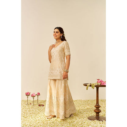 Sheetal Batra Beige Sameeha Short Kurta with Sharara and Dupatta (Set of 3)