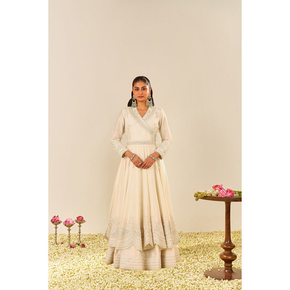 Sheetal Batra Ivory Ameena Long Angarkha with Lehenga and Dupatta (Set of 3)