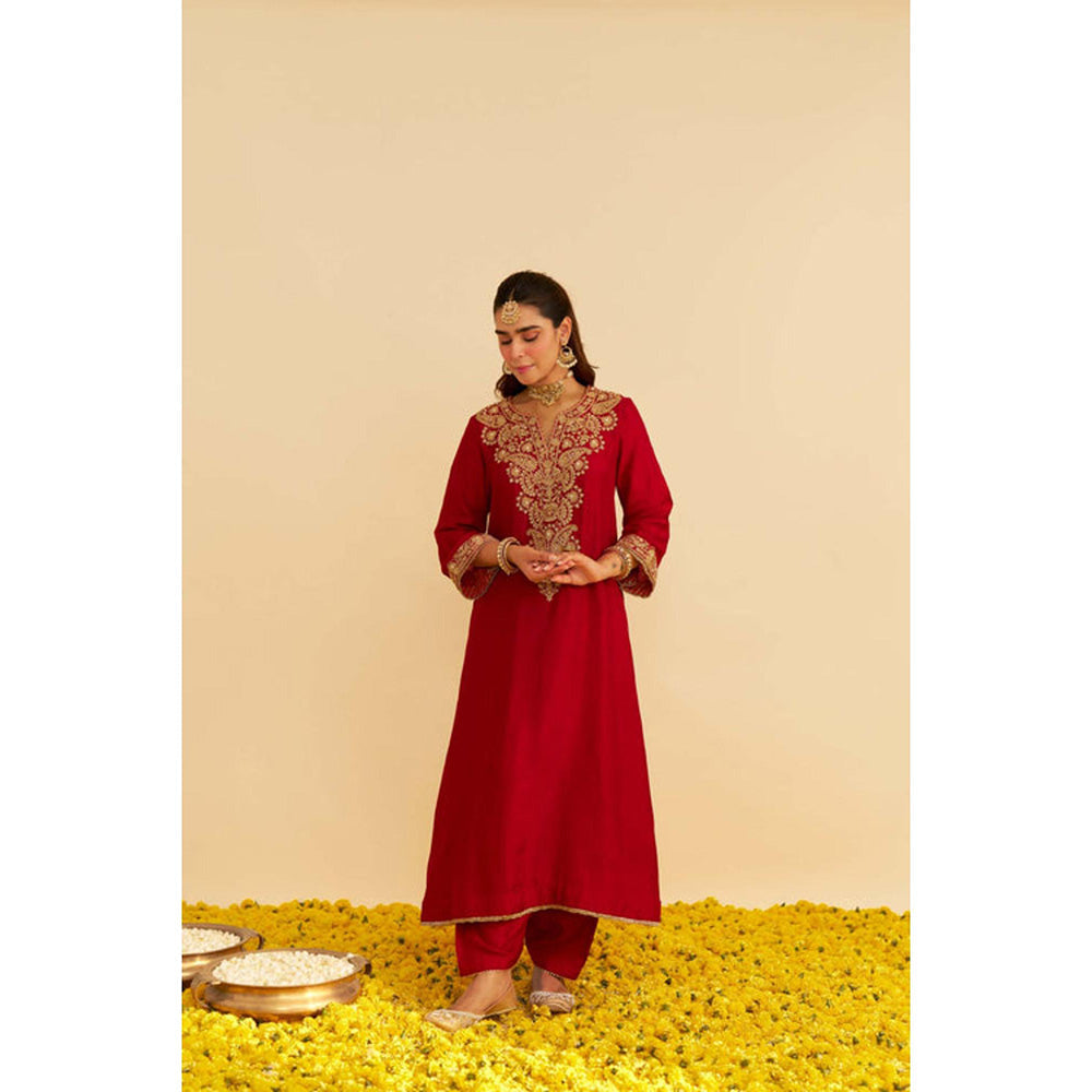 Sheetal Batra Hiba - Deep Red Long Kaftan With Salwar And Dupatta And Dupatta