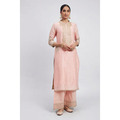 Sheetal Batra Aadah- Carnation Pink Princess-Cut Long Kurta With Palazzo And Dupatta
