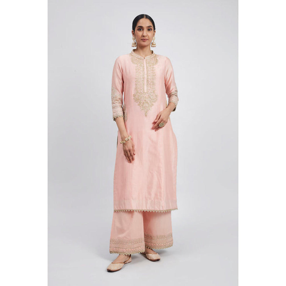 Sheetal Batra Aadah- Carnation Pink Princess-Cut Long Kurta With Palazzo And Dupatta