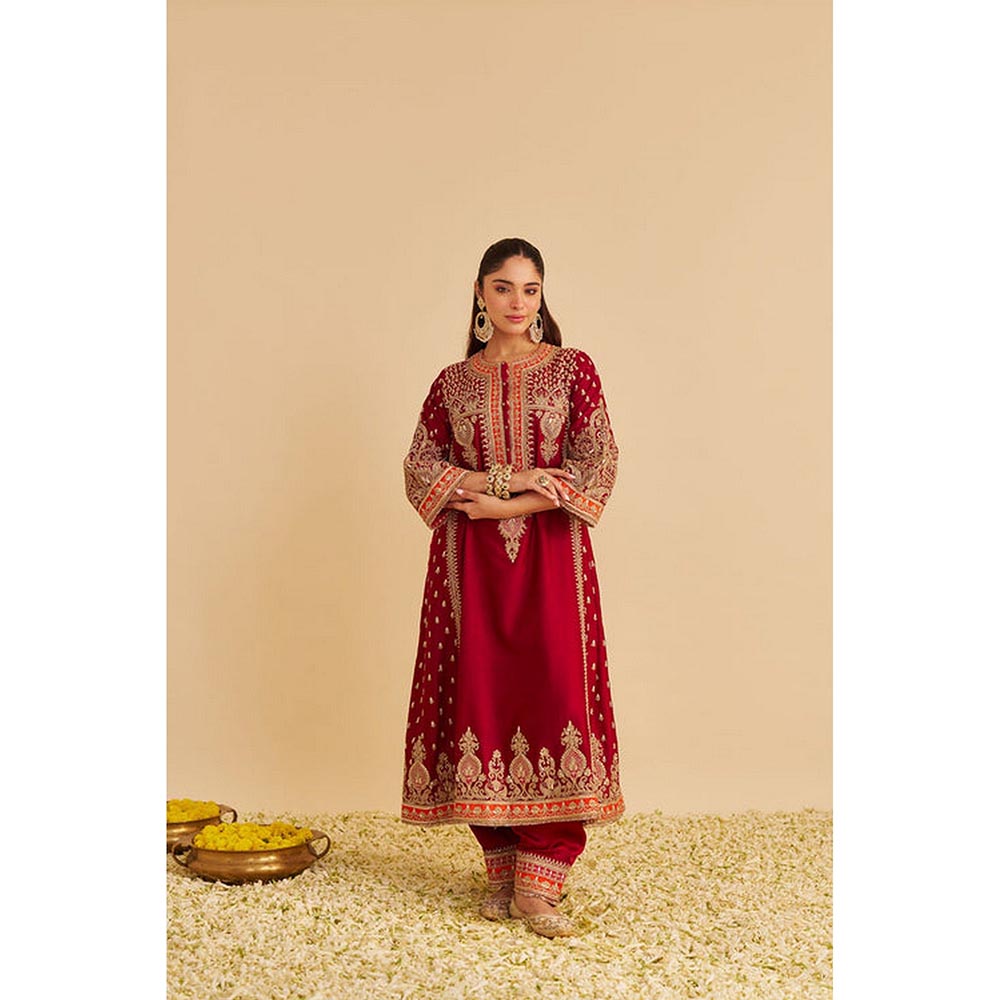 Sheetal Batra Zoya - Dabka Zardozi Embroidered Deep Red Long Kurta pant dupatta
