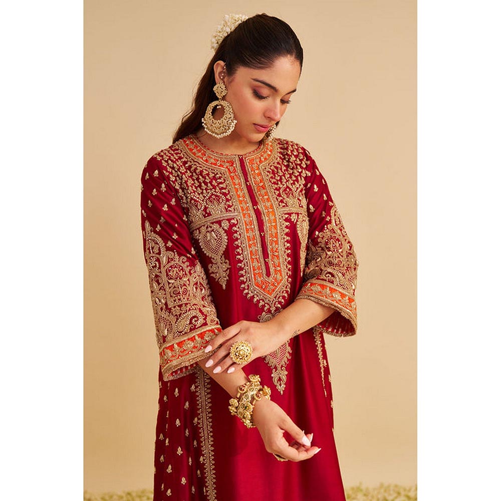 Sheetal Batra Zoya - Dabka Zardozi Embroidered Deep Red Long Kurta pant dupatta